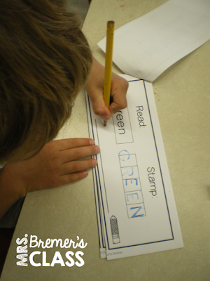 Read, stamp, & write sight words- a literacy center for all year long! A fun and hands on way to practice word work activities in the writing center. #kindergarten #1stgrade #sightwords #writing #centers #writingcenter #wordwork