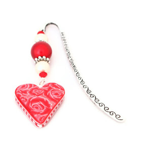 Red Rose Heart Beaded Bookmark handmade from polymer clay Valentine Gifts & Jewellery
