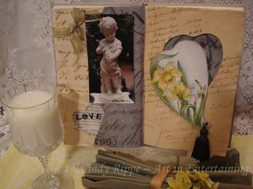 Mixed Media, Altered Art, milk and cookies, Valentine's Day, Daffodil painting, tablescape, Cindy Rippe