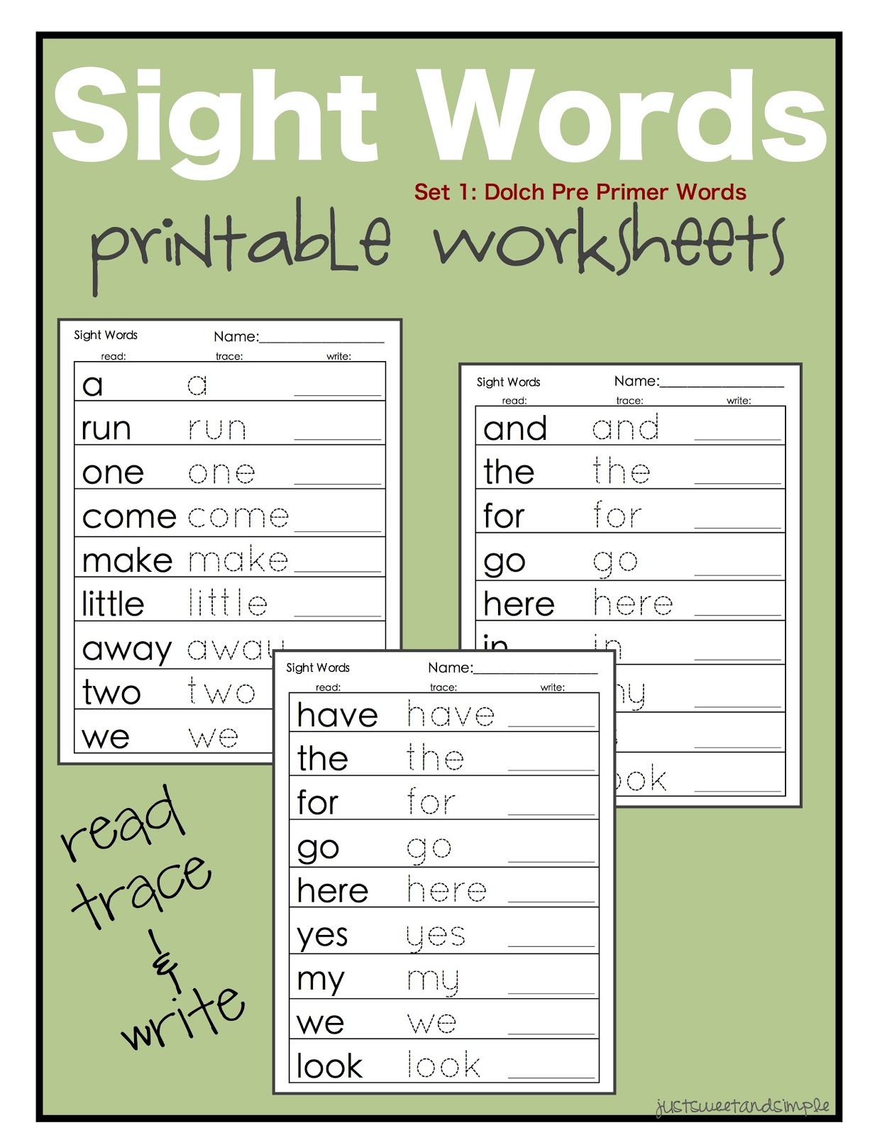 Just Sweet And Simple Preschool Practice Printable Dolch Site Word 