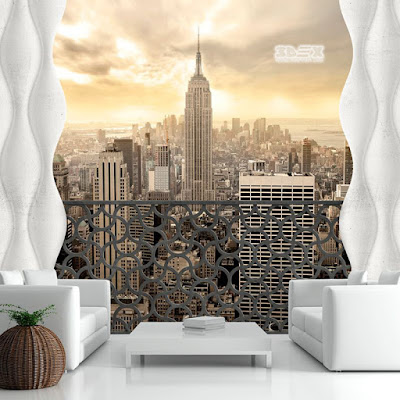 3D wallpaper with city images for small living room walls