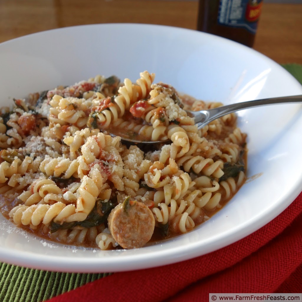 Red Russian kale and turkey sausage flavor a tomato cream sauce in this kid-friendly pasta.