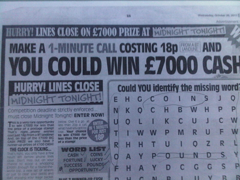 The Chief Executive: Beware! Churchcastle and The Sun - Wordsearch  Competition ends in huge phone bill
