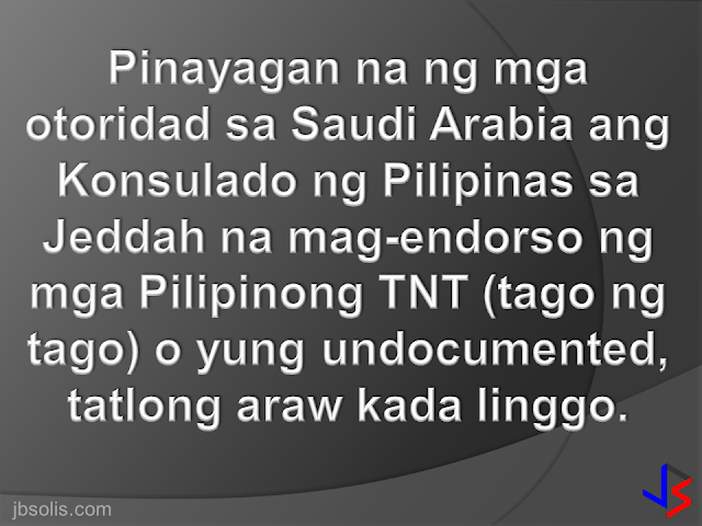 Consulate vows faster issuance of exit visas for undocumented Pinoys availing Saudi amnesty  JEDDAH – The Philippine Consulate General here has been allowed by Saudi authorities to endorse undocumented Filipinos for deportation three times a week instead of only one.  Saudi immigration officials made the decision to expedite the issuance of exit visas for Filipinos taking advantage of the amnesty given to illegally staying foreigners in the Kingdom.  "Sa ngayon binigyan tayo ng tatlong araw sa isang linggo ng immigration officials sa Shumaisi at kinukumpirma pa natin kung kailan at ilan ang pwede nating dalhin sa deportation," said Consul RJ Sumague.  Sumague said some 4,000 Filipinos have already applied for the amnesty since it started on March 29, but only about 500 of them have been issued exit visas so far. The amnesty period will last for 90 days or three months.  Sumague said some applications were rejected after it was discovered that the applicant has a pending case with the police while others have no records whatsoever.  On Tuesday, the Consulate endorsed some 400 undocumented Filipinos, some of them with children who will undergo DNA test.  A DNA test is required for parents with children to ensure that they are related, Sumague said.