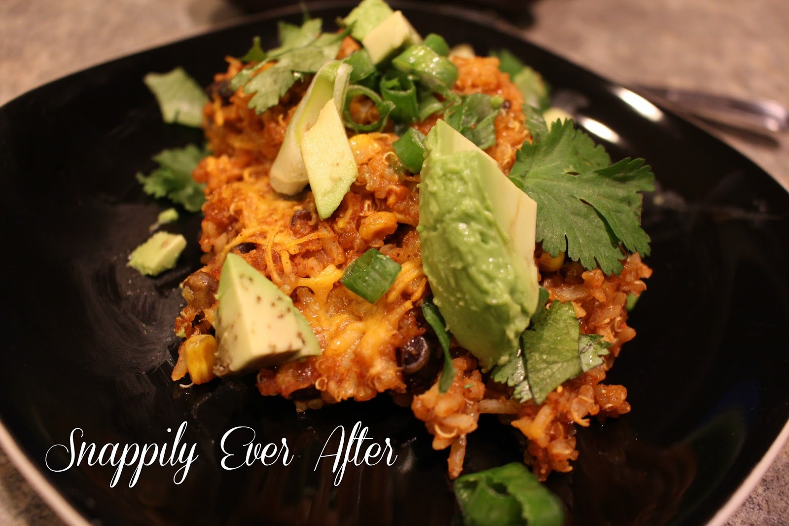 Snappily Ever After Black Bean and Quinoa Enchilada Bake