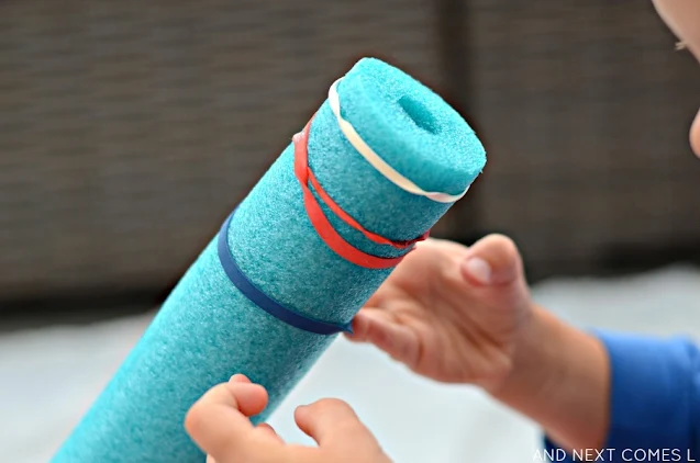 Fine motor activity for preschool using a pool noodle and rubber bands
