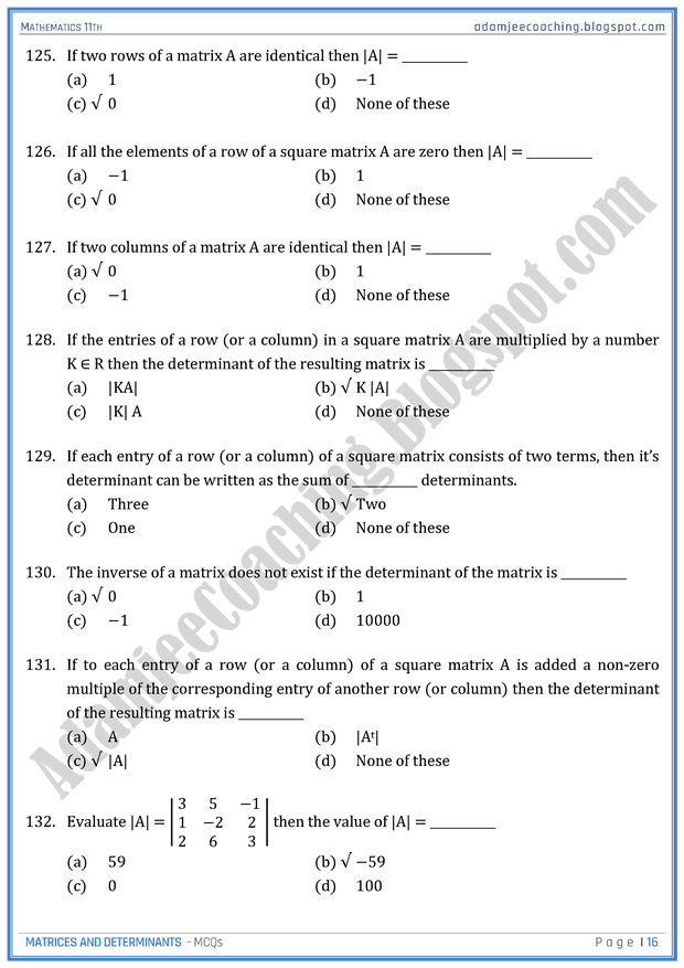 Adamjee Coaching Matrices and Determinants MCQs Mathematics 11th
