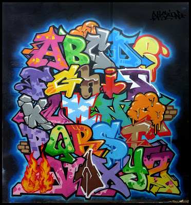 brigh, multi-colored graffiti alphabet against a black background