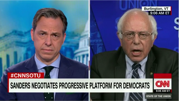 image of CNN's Jake Tapper making a long-suffering expression in split-screen with Bernie Sanders yammering away