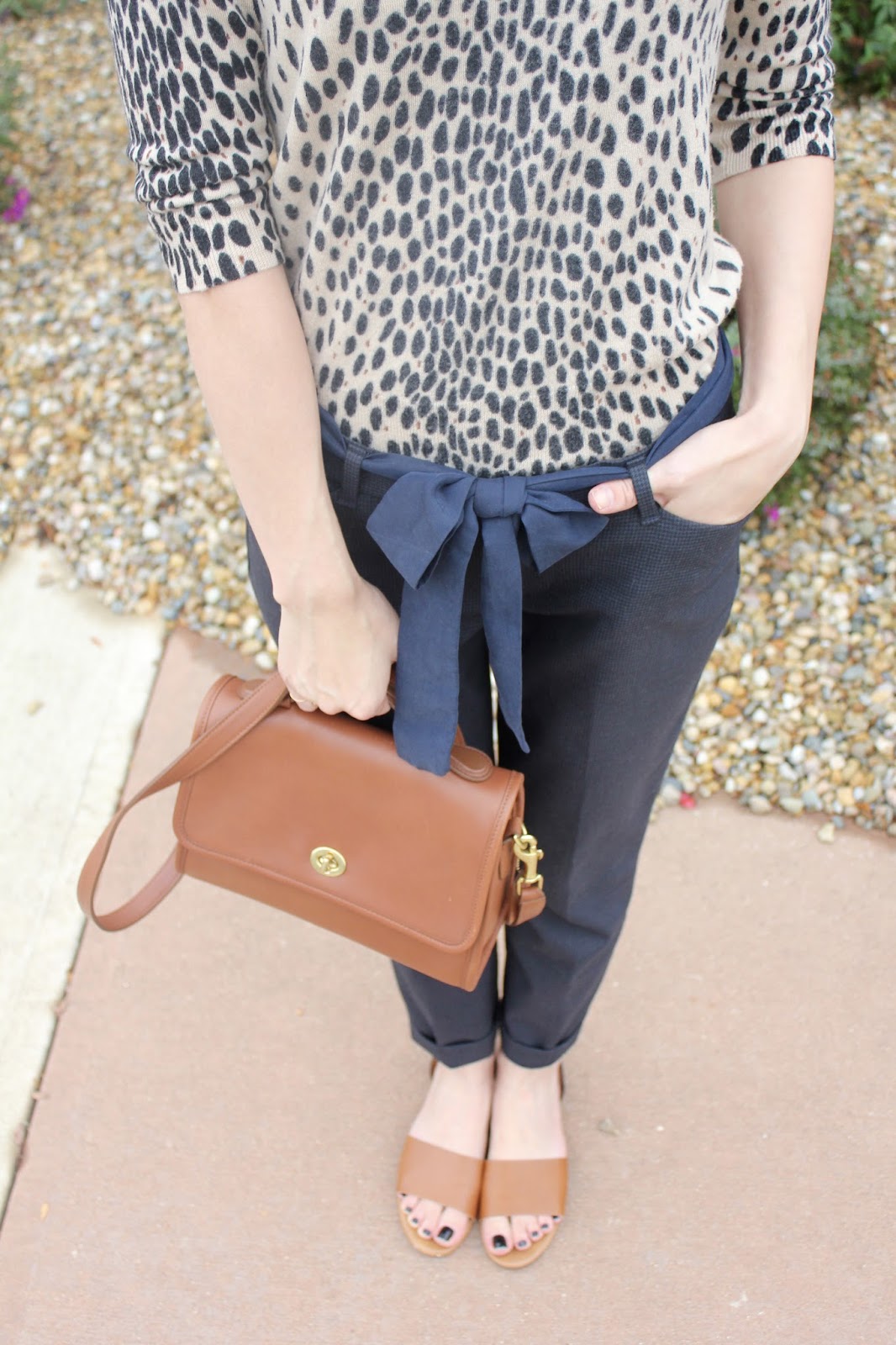 leopard sweater and navy pants J.Crew leopard sweater, Gap navy pants, and brown leather Coach purse