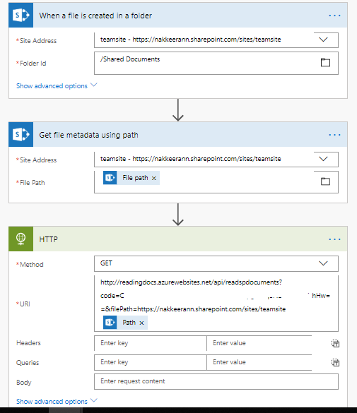 Building first part of Microsoft Flow - SharePoint Trigger and Azure Function Action as HTTP Trigger