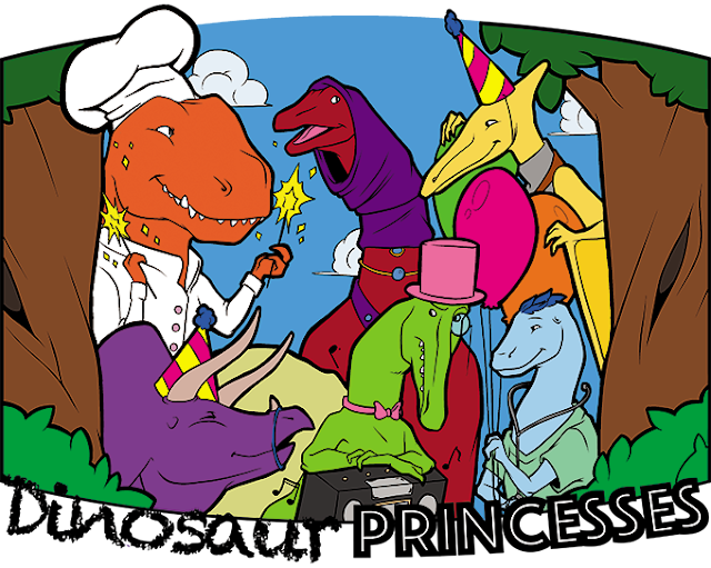 dinosaurs of all different types and shapes all dressed up in different outfits including a chef, a doctor, and one holding a boombox while wearing a monocle, and the text Dinosaur Princesses.