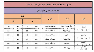 جدول امتحانات دمياط 2018 نصف العام الصف السادس الابتدائي جدول امتحانات دمياط 2018 نصف العام الصف السادس الابتدائي