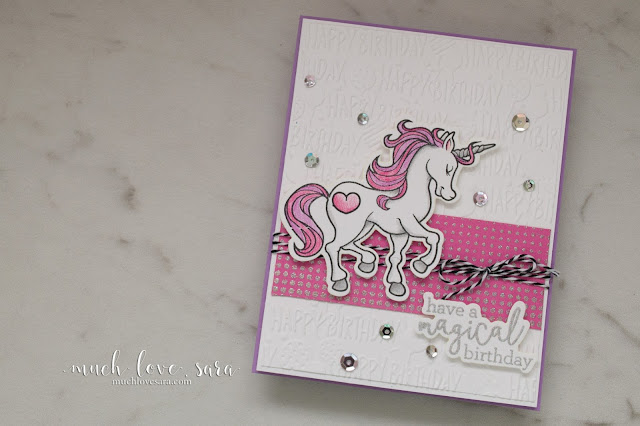 This sweet, and fun, handmade birthday card would be perfect for a sassy little girl - or maybe even a big one.  The pinks, purples, and sparkling heat embossing are very feminine.  Using Fun Stampers Journey Magical Unicorn Stamps and Dies, along with the Graduated Dots Background Stamp.  