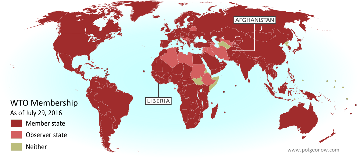 Map of World Trade Organization (WTO) member and observer countries, updated for August 2016 to include new members Liberia and Afghanistan (labeled). Color blind accessible.