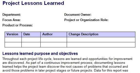 Project Lessons Learned ~ Template Sample