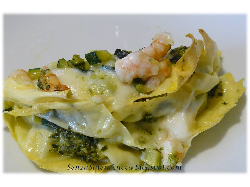 Senza Sale in Zucca Lasagne zucchine, gamberi, bufala e pesto di
