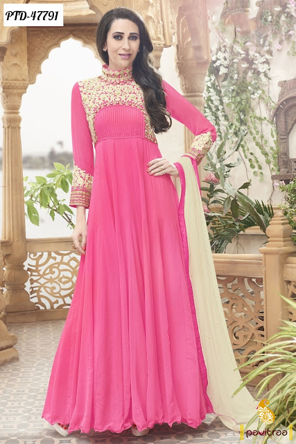 Diwali and Karva Chauth special Karishma Kapoor pink chiffon anarkali salwar suit online shopping with discount offer price in India