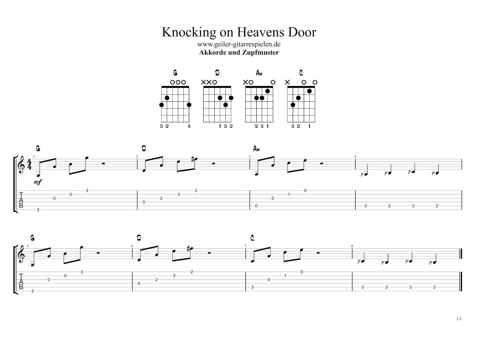 Eric Clapton《Knocking On Heavens Door》吉他谱_C调中级版_弹唱_六线谱-吉他客