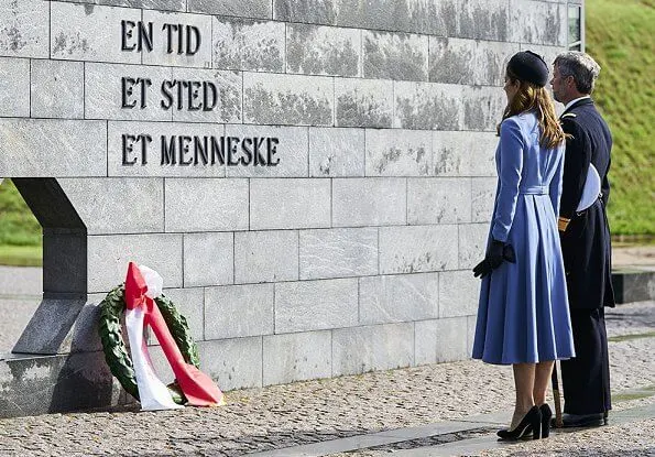 Denmark Flag Day 2020 at Citadel. Crown Princess Mary wore a light blue outfit. black pumps by gianvito rossi, diamond earrings