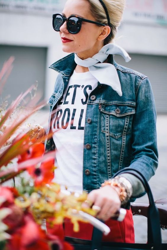neck scarf jean jacket tee shirt casual chic style