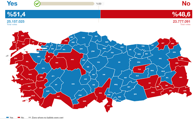 Peta Sebaran Pemilih Ya dan Tidak pada Referendum Turki April 2017