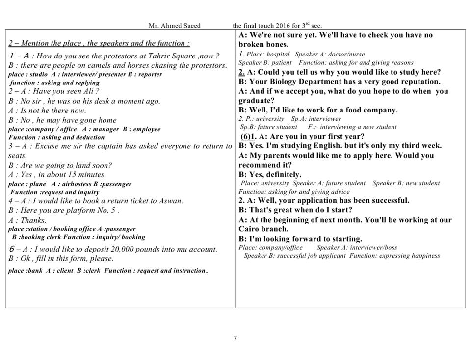 مراجعة سؤال المواقف للثانوية العامة + اكثر الكلمات شيوعا في الترجمة في 7 ورقات pdf 7