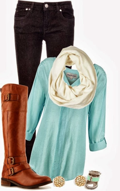 Fall Outfit With Light Blue Shirt and Long Boots 