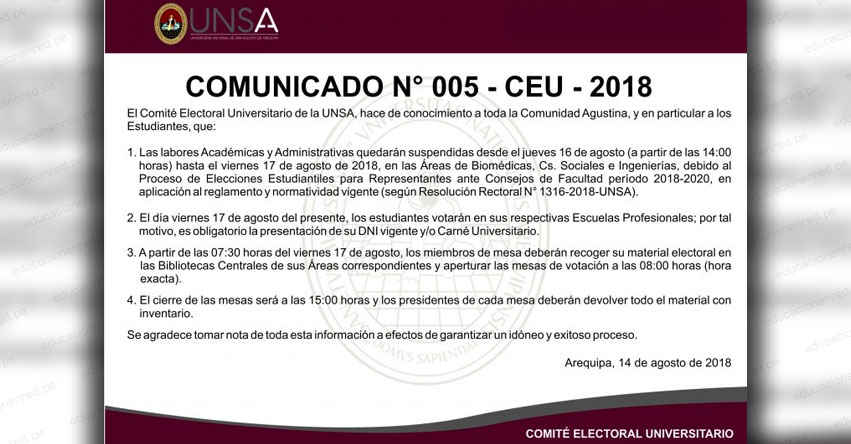 UNSA suspende labores académicas y administrativas, debido al Proceso de Elecciones Estudiantiles para Representantes ante Consejos de Facultad período 2018-2020 - www.unsa.edu.pe UNSA suspende labores académicas y administrativas, debido al Proceso de Elecciones Estudiantiles para Representantes ante Consejos de Facultad período 2018-2020 - www.unsa.edu.pe