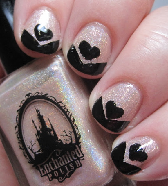 black chevron tip and heart on nude holo base