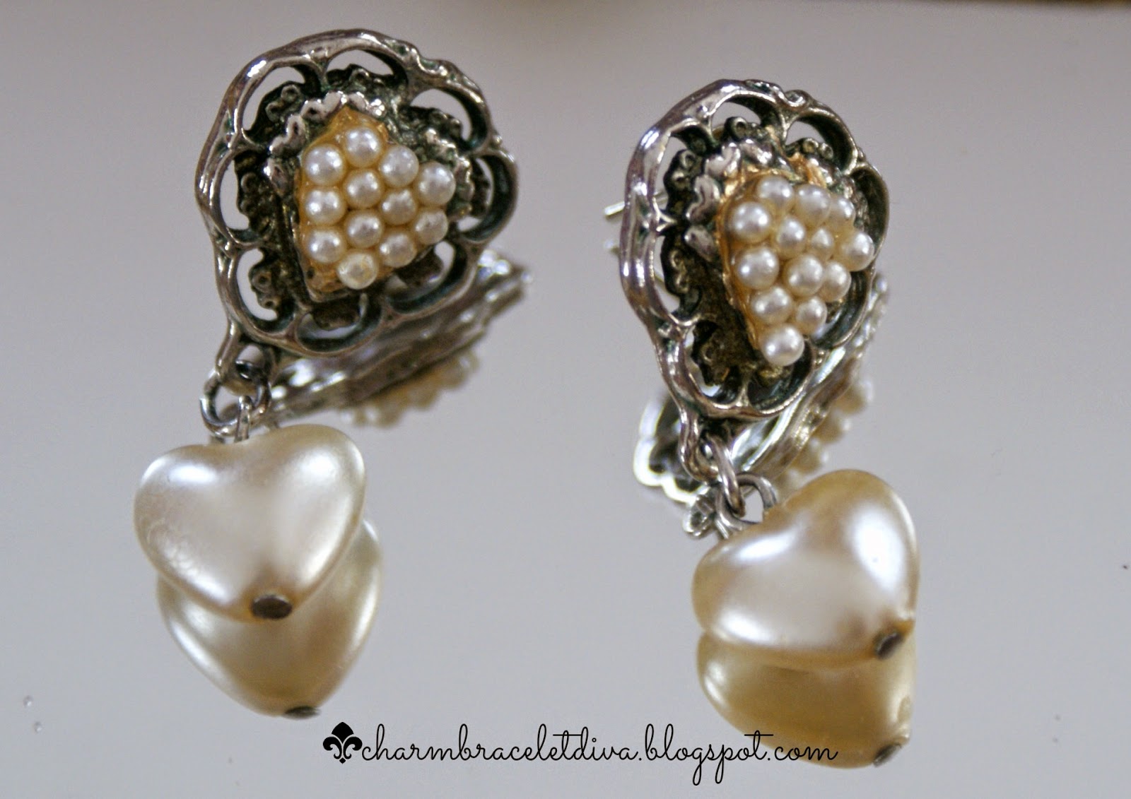 vintage pearl heart dangle earrings