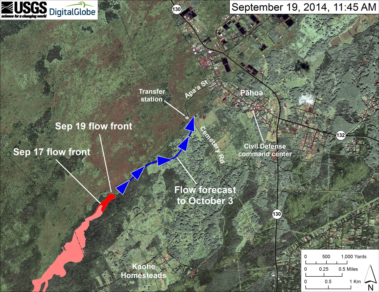 Carte d'une coulée de lave du volcan Kilauea qui menace Pahoa