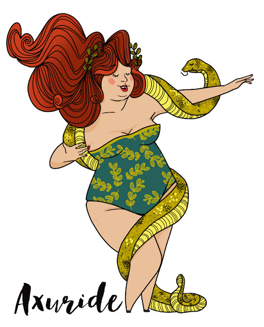 illustration d'une femme ronde rousse, charmeuse de serpent, inspiré par la bloggeuse Stéphanie Zwicky. une illustration un peu moins fit girl et plus en rondeur.