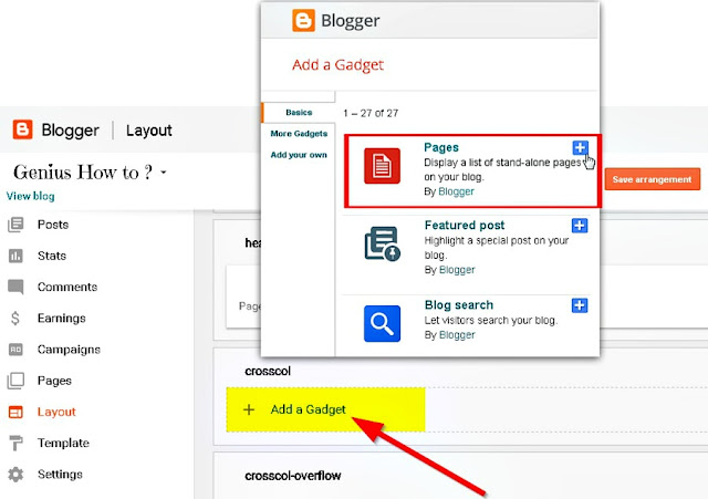add the pages gadget through blogger's layout menu via geniushowto.blogspot.com how to create a homepage for blogger blog step 3