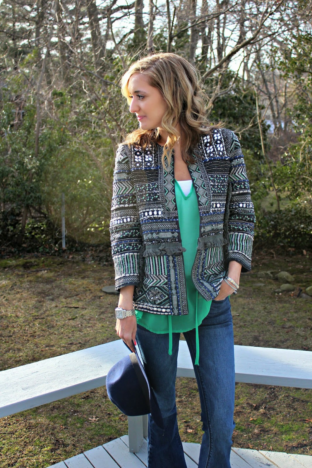 green and blue beaded jacket