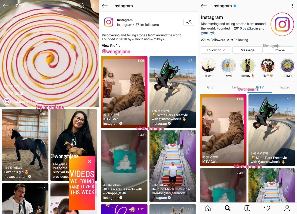 Instagram is testing new IGTV-related UI: New IGTV Browsing UI (Pane #1) - Picture-in-Picture IGTV (Pane #1) - IGTV-specific Profile Page (Pane #2) - IGTV Tab in Profile (Pane #3)