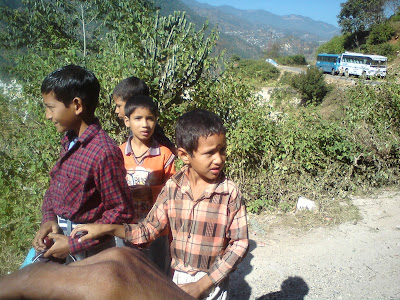 Kids headed toward the fields for work in the Himalayas