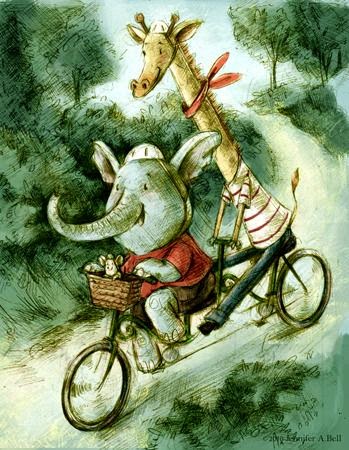 giraffe and elephant riding a tendem bicycle  illustration by Jennifer A.Bell 