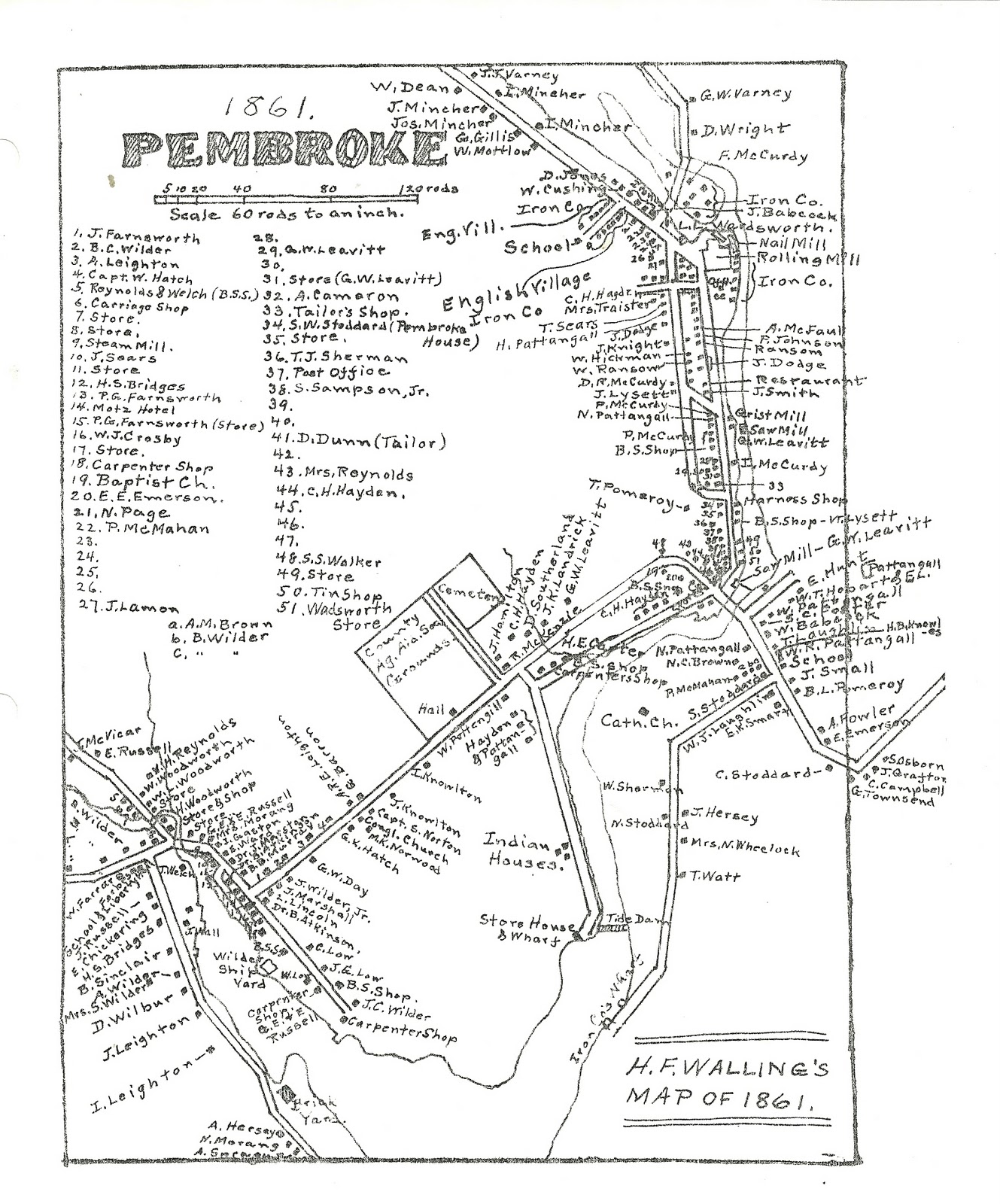 Heirlooms Reunited 1861 map of the Village of Pembroke, Maine with