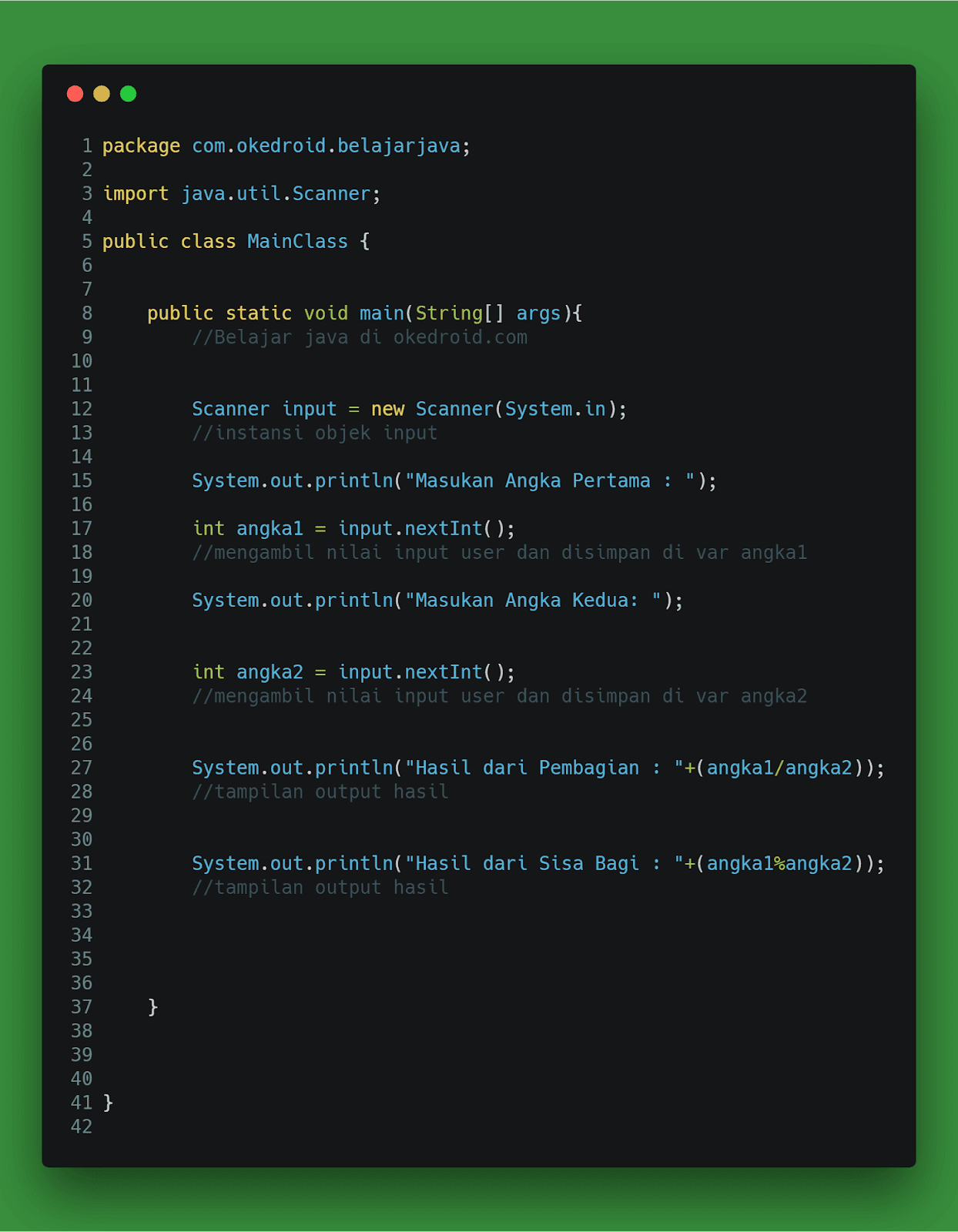 Contoh Program Menghitung Pembagian Dan Sisa Bagi Di Java Okedroid Belajar Coding Java Android Tips Dan Trik
