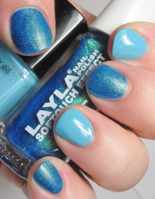 Layla Softtouch 10, a mermaid-type blue with gold shimmer, and Cover Girl Blue Hawaiian, a light blue creme