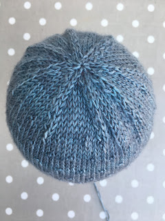Over-head view of hand-knit hat after blocking