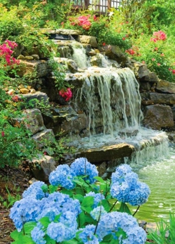 A relaxing garden and backyard waterfalls