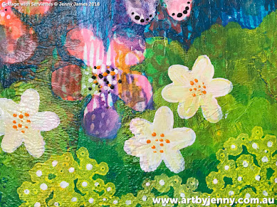 Art by Jenny James, mixed media collage of flowers using Jane Davenport printed napkins