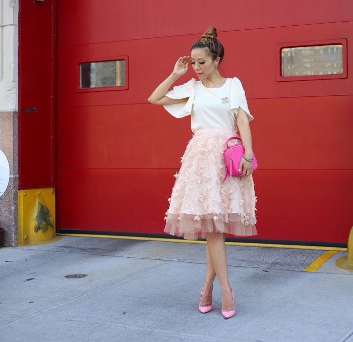 anthropologies fluttered fete midi skirt, chanel earrings, chanel brooch, kate spade bag, hot pink bag, midi skirt, christian louboutin heels, street style, fashion blog, new york fashion blog, chinese valentines day, date night outfit, anthropologies sale