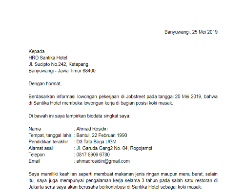 Surat Lamaran Kerja Di Hotel