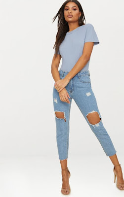 LIGHT WASH OPEN KNEE RAW HEM STRAIGHT LEG JEAN