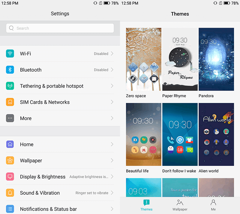 Custom settings and downloadable themes
