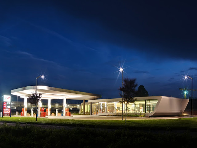 Gazoline Petrol Station by Damilano Studio Architects on the sunset