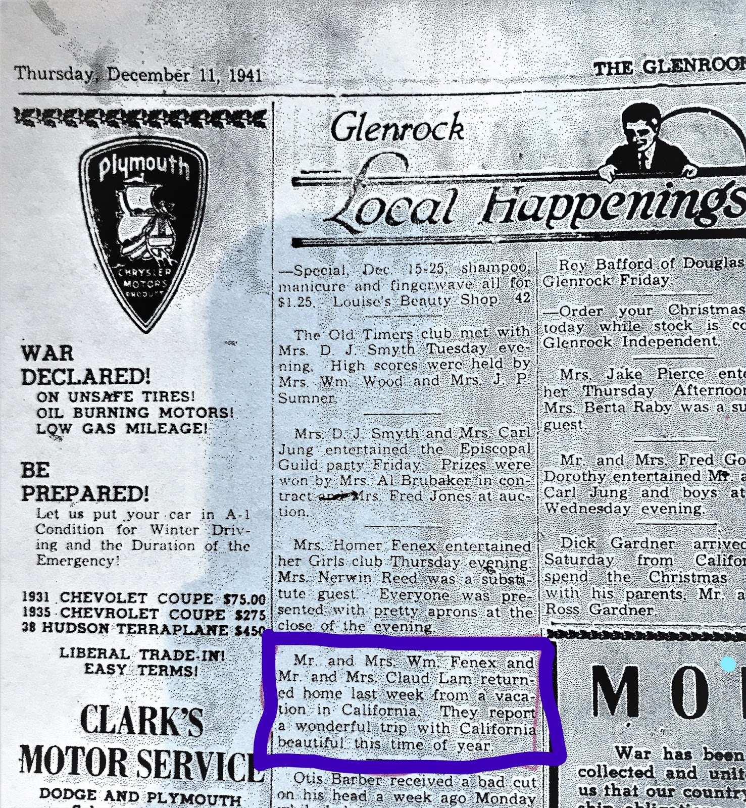 December 1941 A Month of Tragedy for the Fenex Family